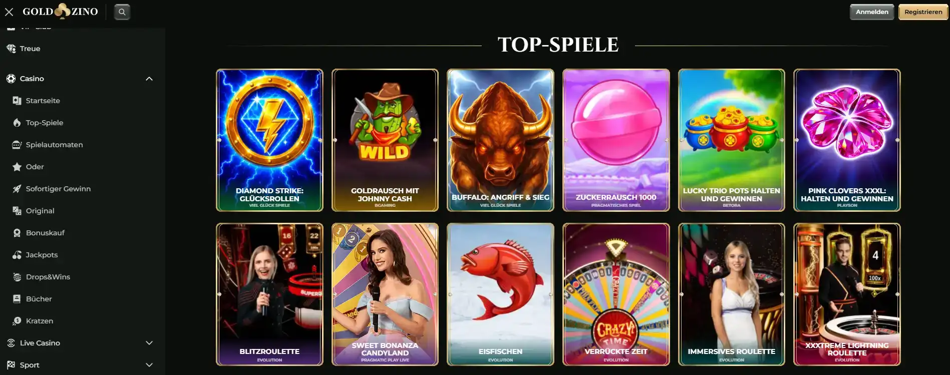 Originalansicht der Goldzino Spielelobby mit sichtbaren Spielkategorien und Softwareanbietern
