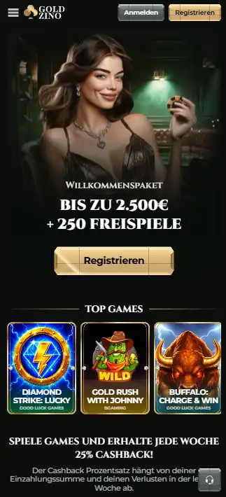 Originalansicht der mobilen Goldzino Website mit PWA- oder Startbildschirm-Installationshinweis