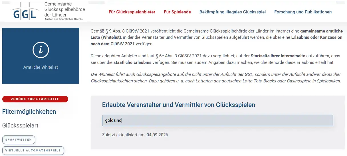 Amtliche GGL-Whitelist mit Suchfeld für Goldzino und Eventa