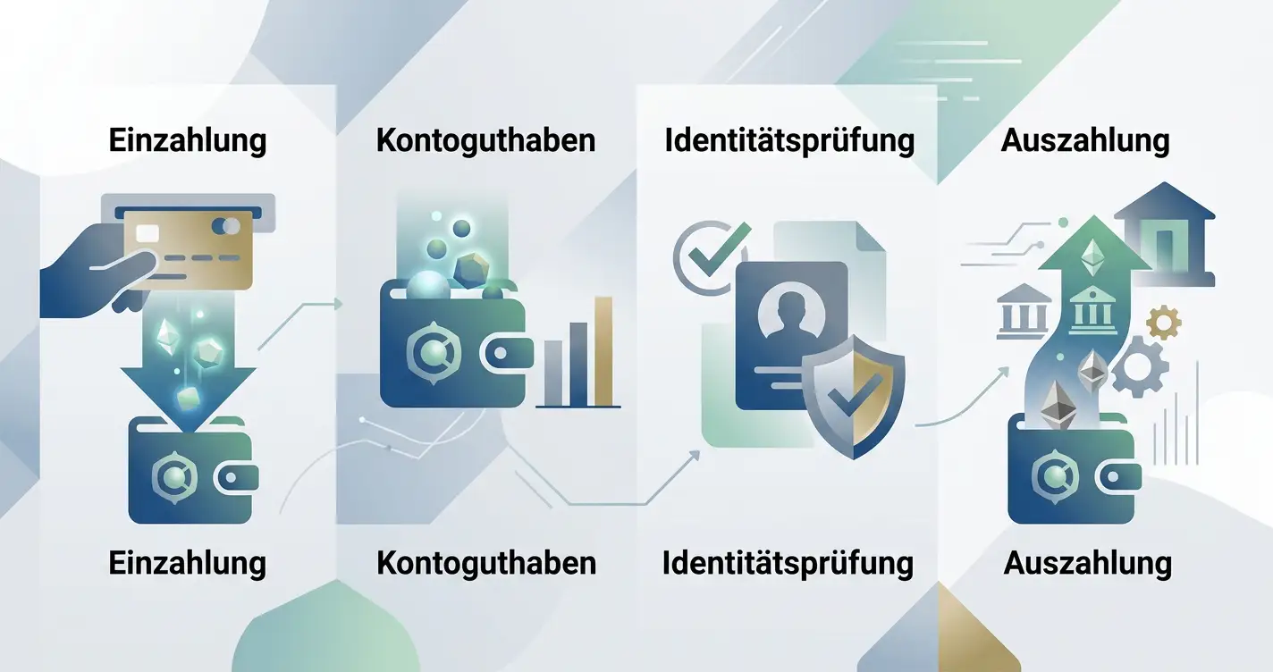 Illustration eines neutralen Zahlungsflusses von Einzahlung über Kontoguthaben und KYC bis zur Auszahlung